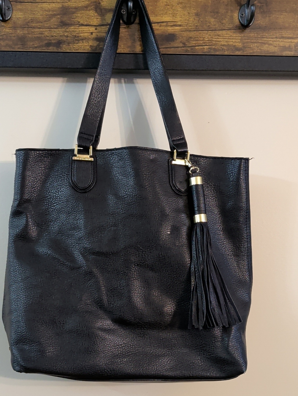 Steve Madden Black Leather Shoulder Tote with Tassel